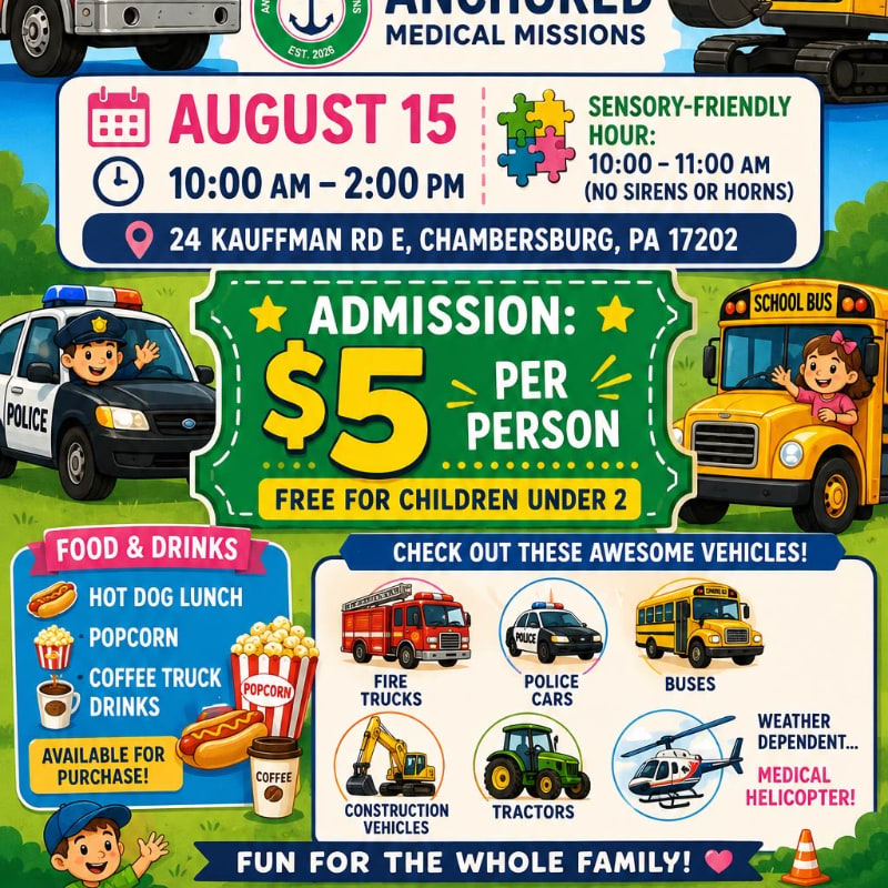 A flyer for a family event on August 15th in Chambersburg, PA, advertises vehicle displays, food, and drinks with a $5 admission fee, set against a green background with cartoon vehicles.