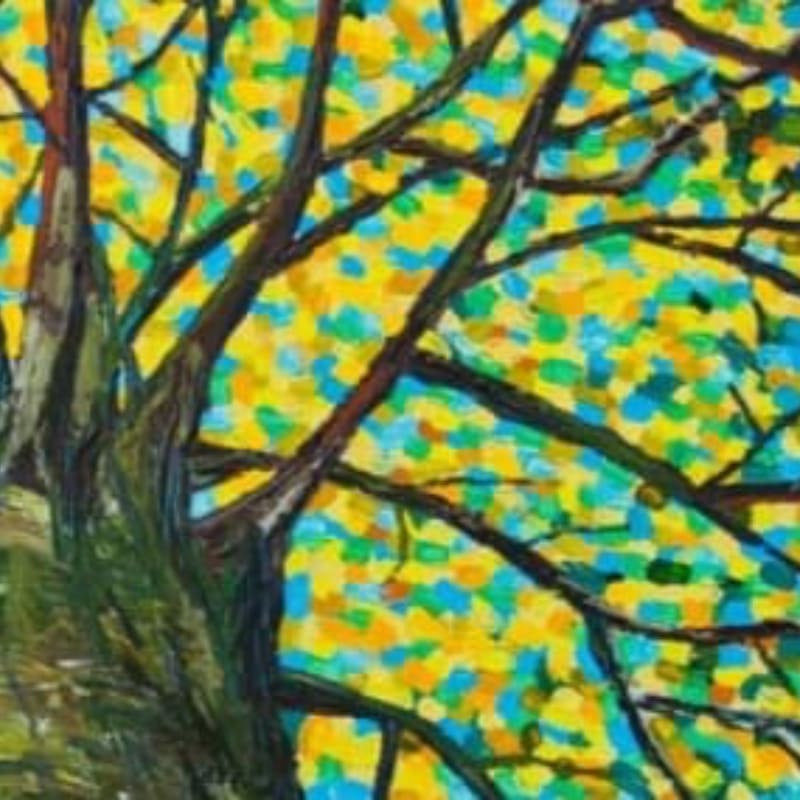 Thick, dark branches of a tree fill the foreground against a vibrant, impressionistic background of yellow, blue, and green foliage.