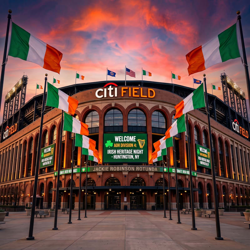 Irish flags fly in front of Citi Field stadium, which is lit up against a colorful sunset sky.
