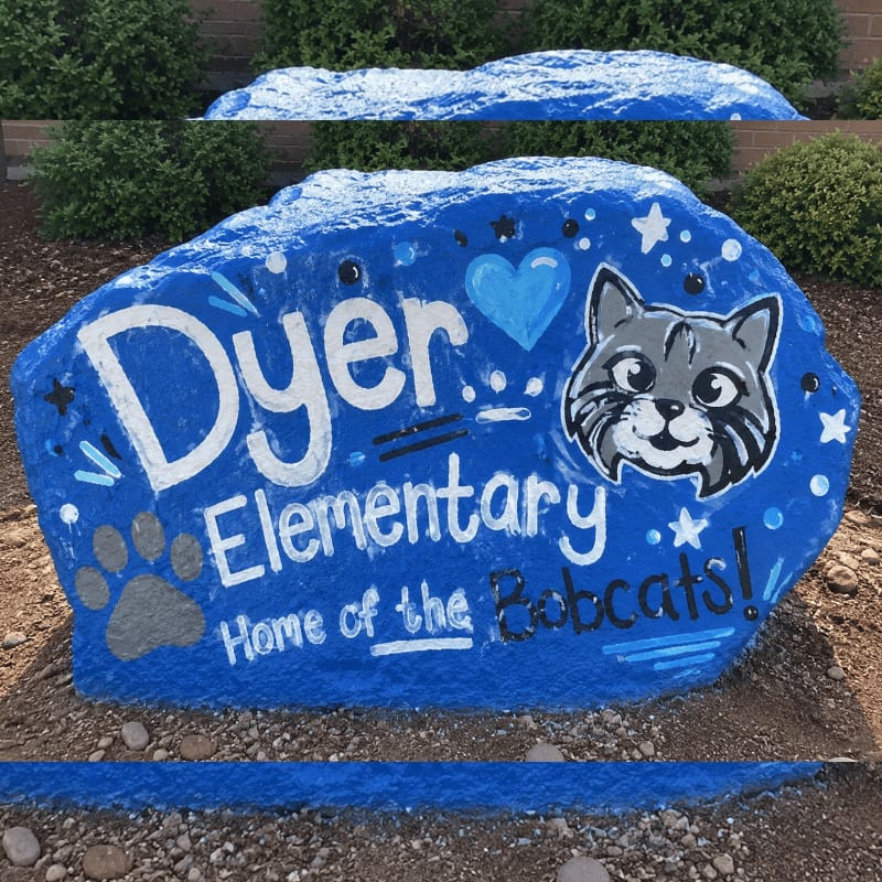 A large blue rock painted with "Dyer Elementary Home of the Bobcats!" and a cat's face sits in front of green bushes and a brick wall.