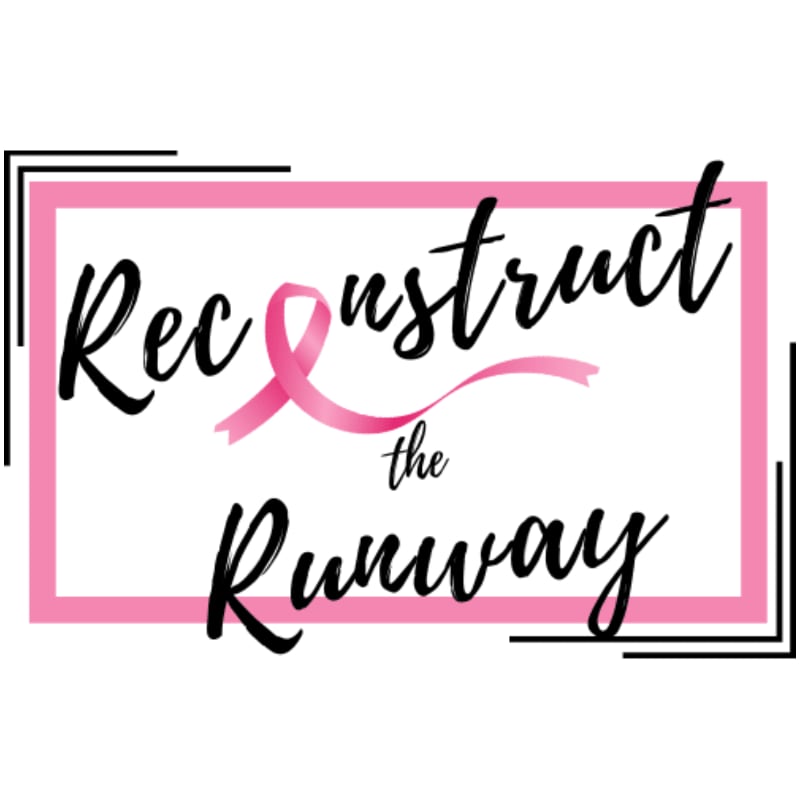 A pink ribbon is incorporated into the text "Reconstruct the Runway" within a pink rectangular frame, set against a white background with black corner accents.