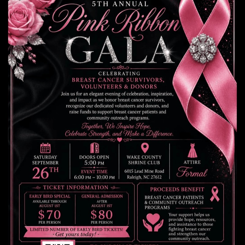 A pink ribbon and roses adorn the top of a black poster advertising the 5th Annual Pink Ribbon Gala, with event details and ticket information at the bottom.