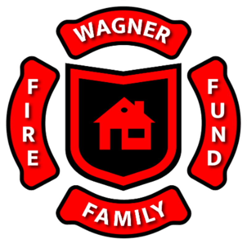 A red and black shield with a house emblem is surrounded by four red banners that read "WAGNER," "FIRE," "FAMILY," and "FUND" against a white background.
