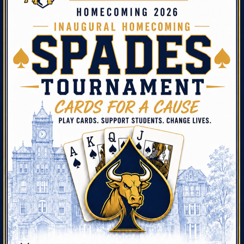 Four playing cards, including an ace of spades, king of spades, queen of spades, and jack of spades, are fanned out in the foreground over a stylized spade with a bull's head, while a large, ornate building with a clock tower stands in the background.