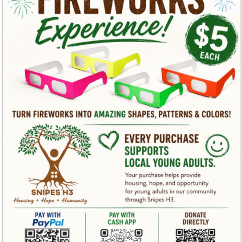 Colorful 3D glasses are displayed in the foreground, with text about a fireworks experience and support for young adults in the background.