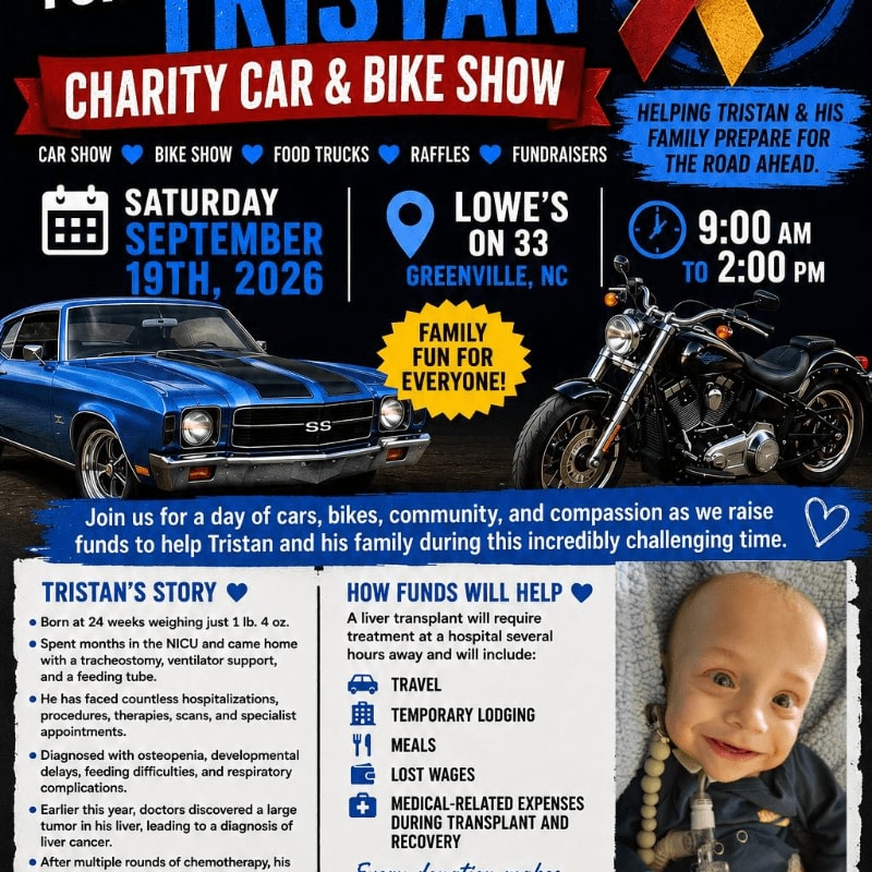 A blue car and a black motorcycle are featured in the foreground of a flyer for a charity car and bike show, with text detailing the event and Tristan's story in the background.