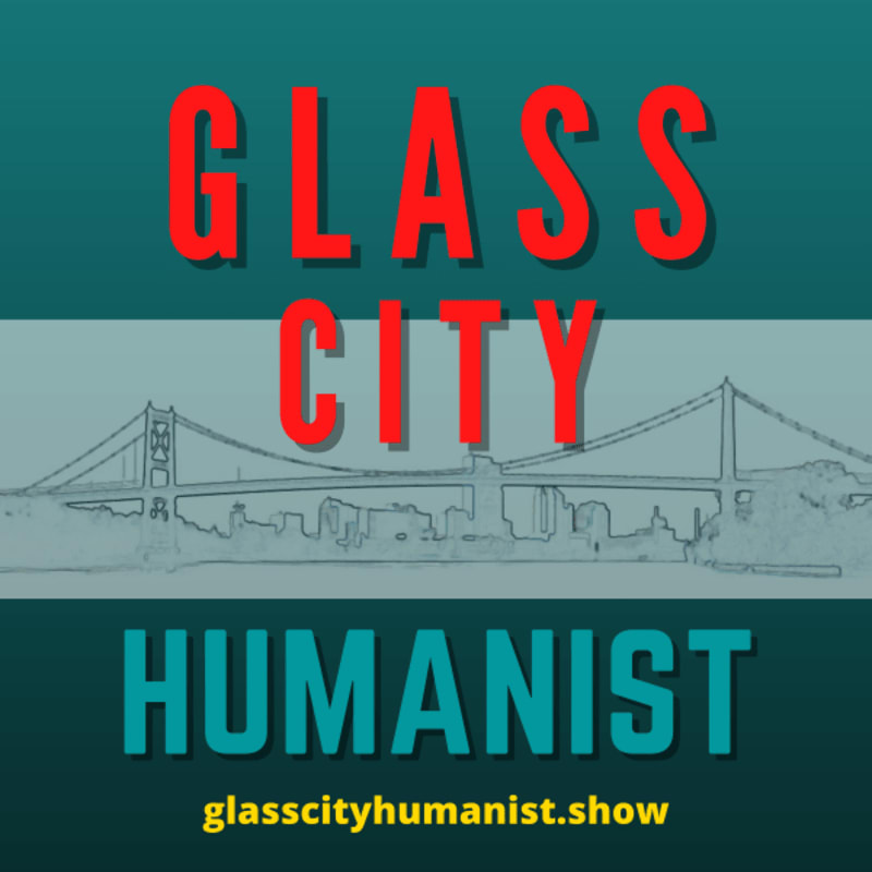 Red text "GLASS CITY" is overlaid on a sketch of a bridge and city skyline, with teal text "HUMANIST" and a website address below, all against a teal and gray gradient background.