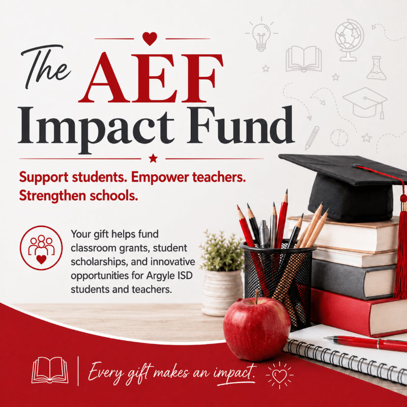 A red apple and school supplies sit on a desk in the foreground, with educational icons and text about the AEF Impact Fund in the background.