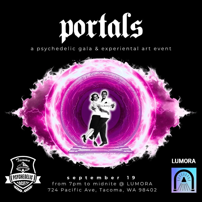 A vintage couple dances within a vibrant, swirling purple portal against a black background, advertising a psychedelic gala.