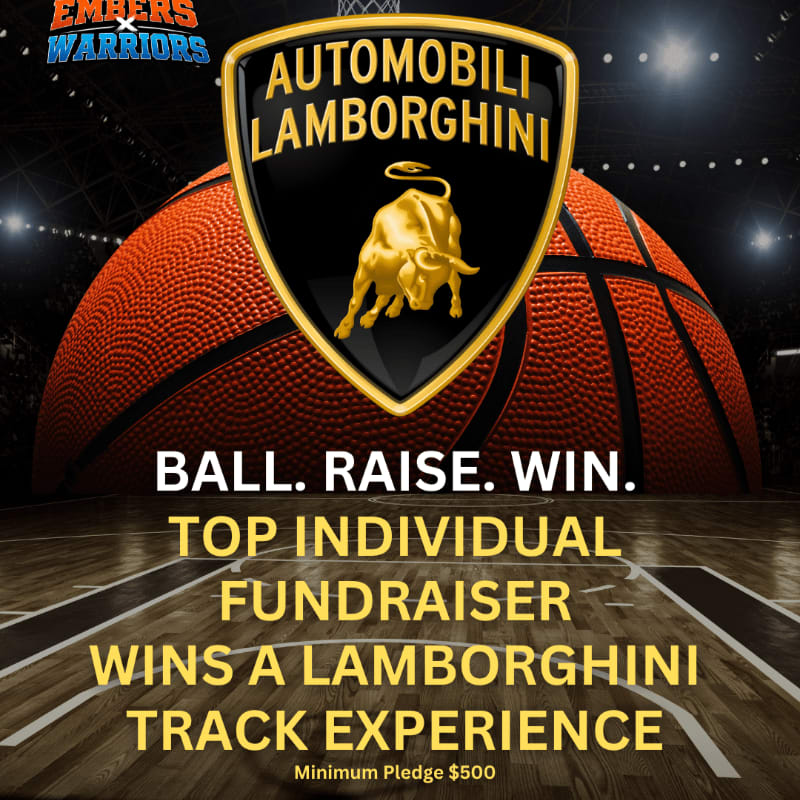 A basketball sits on a court in the foreground, with the Lamborghini logo prominently displayed above it, while the background shows a blurred stadium setting.