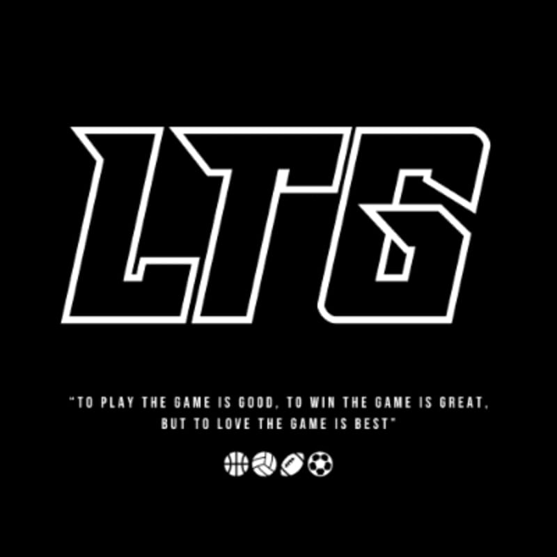 White text with the letters "LTG" and a quote about loving the game are displayed against a black background, with small icons of sports balls below the quote.