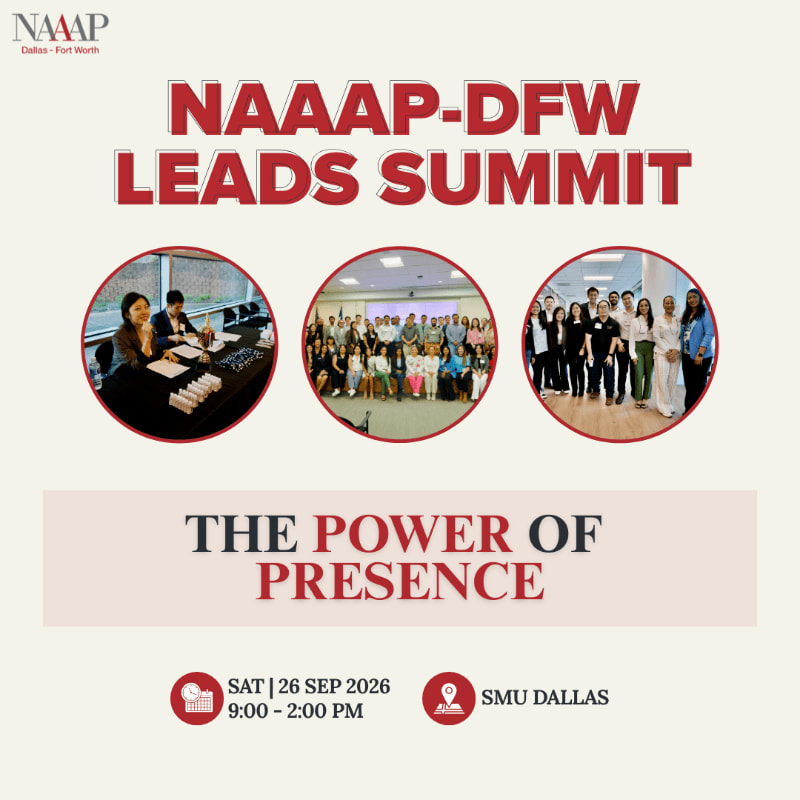 Three circular photos of people are displayed above the text "THE POWER OF PRESENCE" and event details for the NAAAP-DFW LEADS SUMMIT.