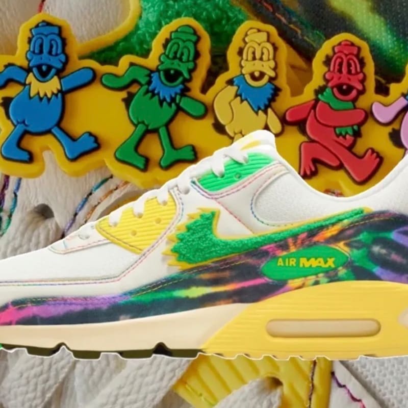 A white sneaker with colorful, tie-dye accents and a green swoosh is in the foreground, while a row of cartoonish, anthropomorphic birds in various colors are in the background.