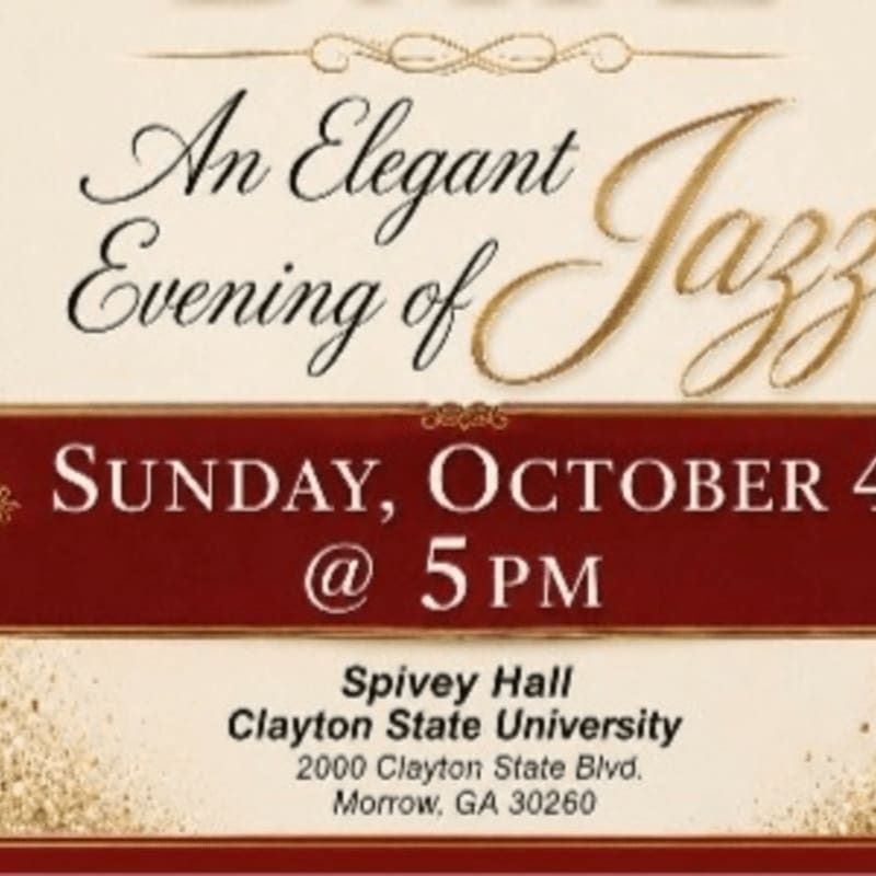 A formal invitation for "An Elegant Evening of Jazz" on Sunday, October 4th at 5 PM at Spivey Hall, Clayton State University, is presented against a textured, golden background.