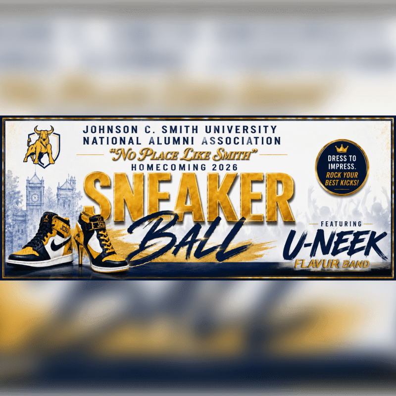 A banner for Johnson C. Smith University's Sneaker Ball features a pair of sneakers and a high-heeled shoe in the foreground against a background of buildings and text.