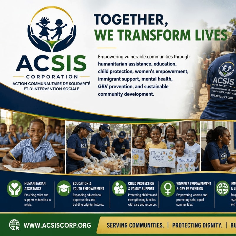 In the foreground, a collage showcases ACSIS's work with children and women, while the background features a person in an ACSIS shirt with a blurred group of people.