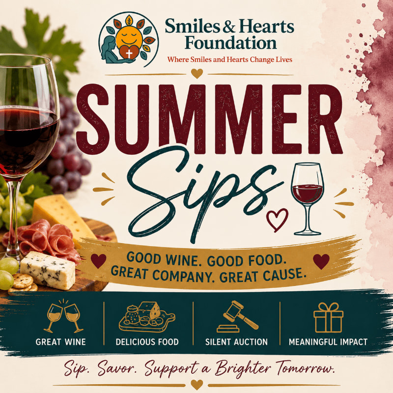 A glass of red wine and grapes are in the foreground, with the "Smiles & Hearts Foundation Summer Sips" event details in the background.