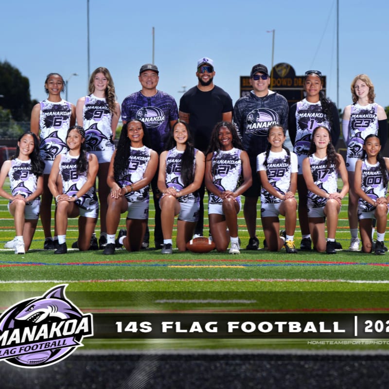 A flag football team poses for a photo on a green field with a stadium in the background.