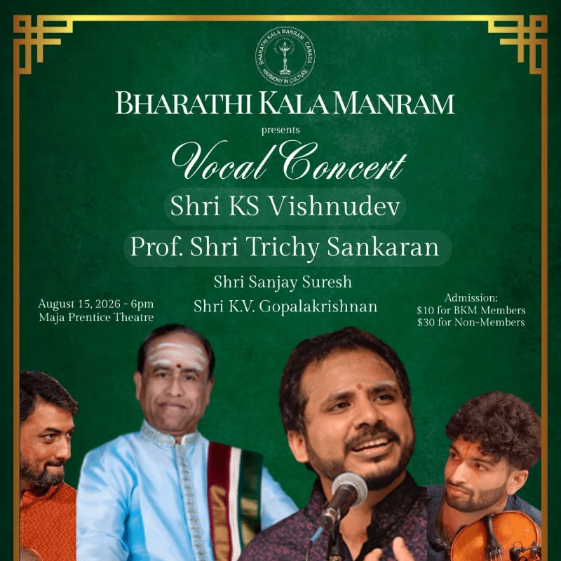 Four men are featured in the foreground of a green poster advertising a vocal concert by Bharathi Kala Manram, with text detailing the performers, date, time, venue, and admission fees in the background.