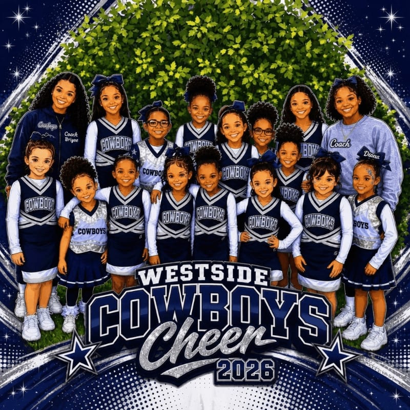 A group of young cheerleaders in matching uniforms stand in front of a lush green hedge, with the "Westside Cowboys Cheer 2026" logo prominently displayed.
