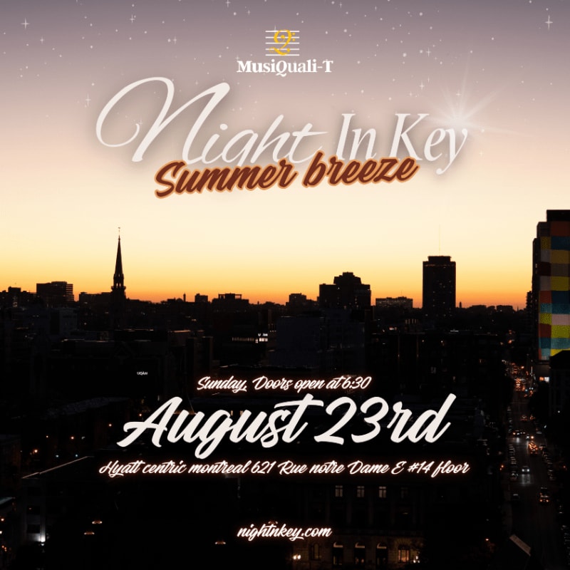 A city skyline at sunset is overlaid with text advertising "Night In Key Summer breeze" on August 23rd at Hyatt Centric Montreal.
