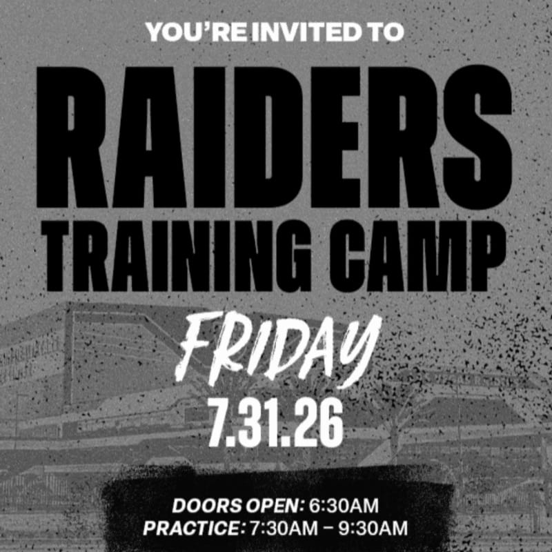 Bold black text announces "RAIDERS TRAINING CAMP" on a Friday, July 31, 2026, with stadium lights visible in the background.