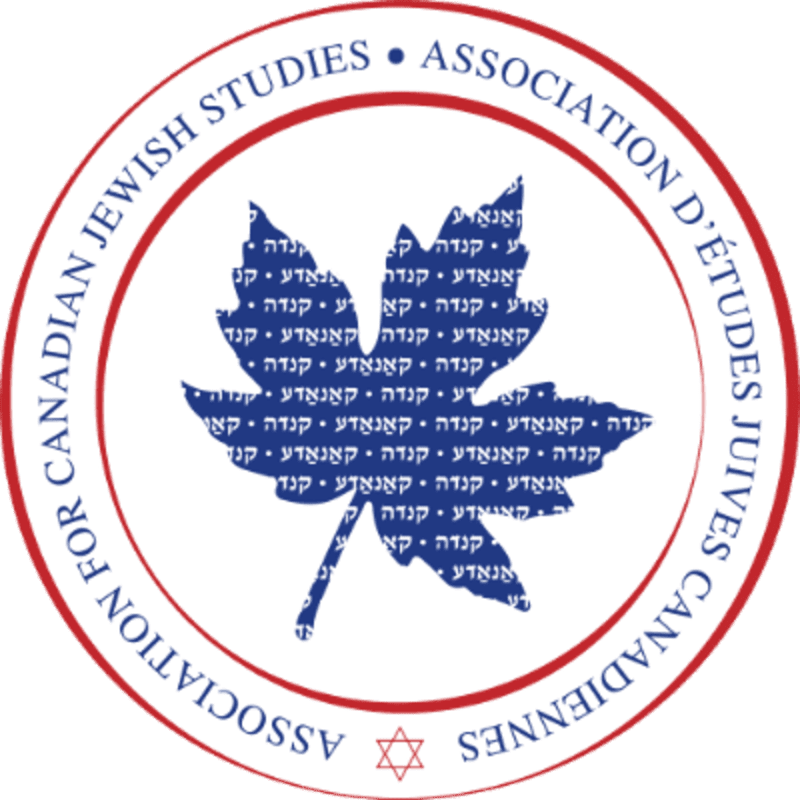 A blue maple leaf filled with Hebrew text is centered within a red and white circular logo that reads "ASSOCIATION FOR CANADIAN JEWISH STUDIES ASSOCIATION D'ÉTUDES JUIVES CANADIENNES" and features a Star of David at the bottom.