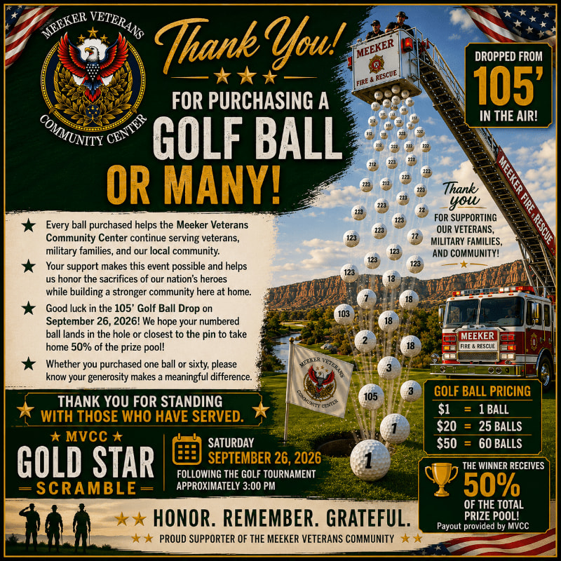 In the foreground, numbered golf balls are falling from a fire truck ladder, while the background features a scenic landscape with a golf course and a community center logo.