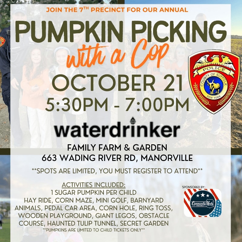A flyer advertises a "Pumpkin Picking with a Cop" event at Waterdrinker Family Farm & Garden on October 21st, featuring various fall activities.