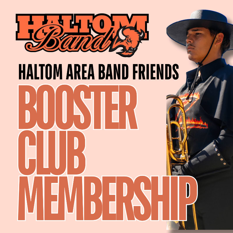 A young man in a band uniform holding a trombone stands in front of a peach-colored background with bold orange text announcing "HALTOM BAND FRIENDS BOOSTER CLUB MEMBERSHIP."