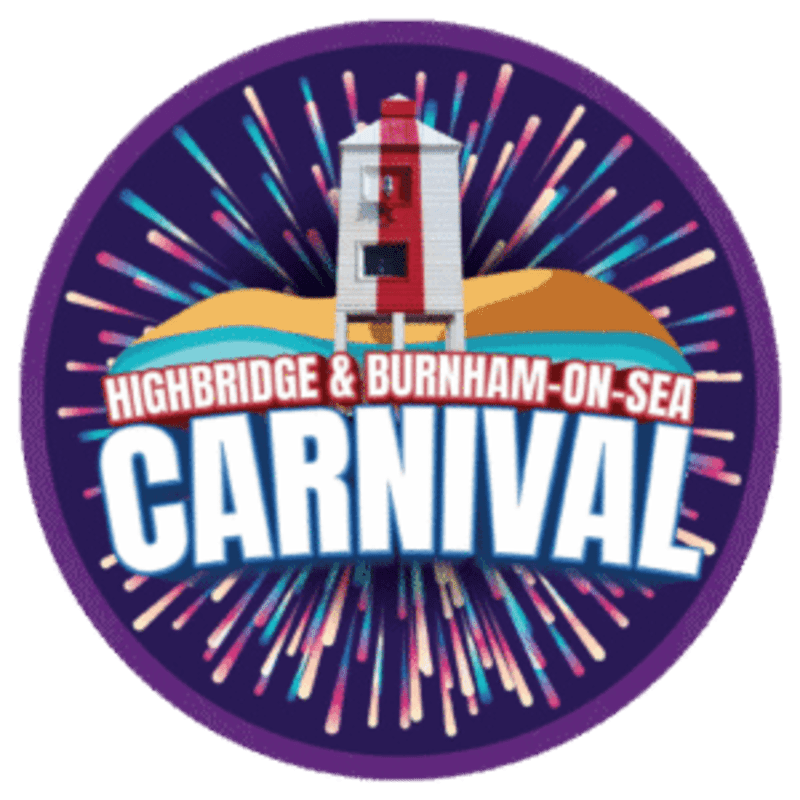 A red and white lighthouse stands on a sandy hill with the words "HIGHBRIDGE & BURNHAM-ON-SEA CARNIVAL" in large letters, all set against a backdrop of colorful fireworks within a purple circle.