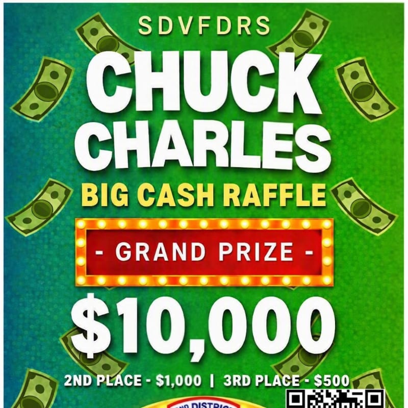 Green dollar bills are scattered around a poster advertising the "Chuck Charles Big Cash Raffle" with a grand prize of $10,000.