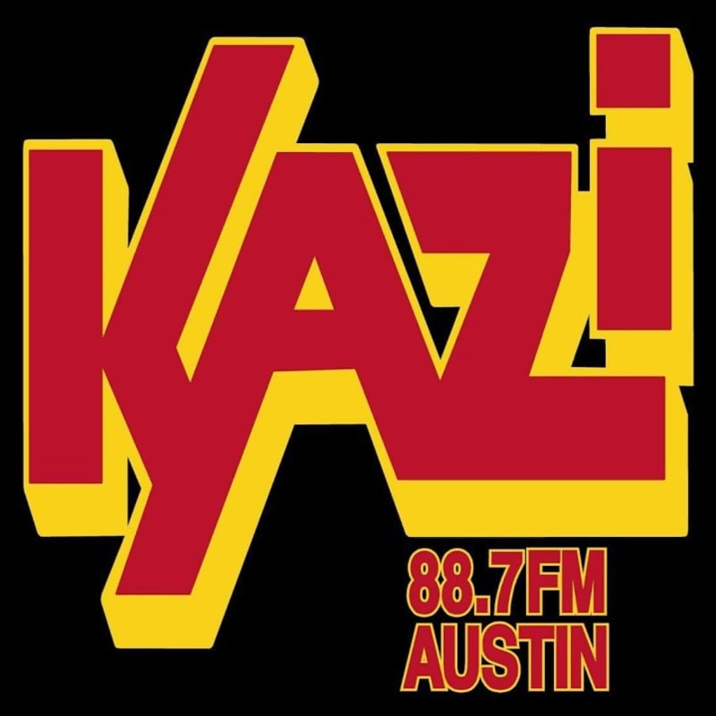 A bold red and yellow KAZI logo with "88.7FM AUSTIN" text is set against a black background.