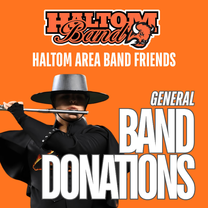 A person in a black hat and uniform plays a flute in the foreground, with the "Haltom Band Friends" logo and "General Band Donations" text against an orange background.