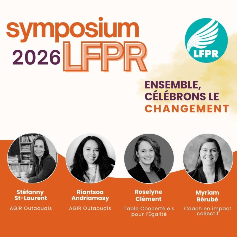 Four women are featured in circular portraits in the foreground, with the "symposium 2026 LFPR" title and a logo in the background.