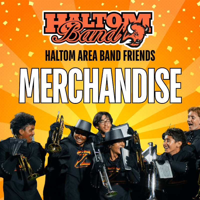 A group of smiling band members in uniform holding instruments stand in the foreground against a bright orange background with confetti.