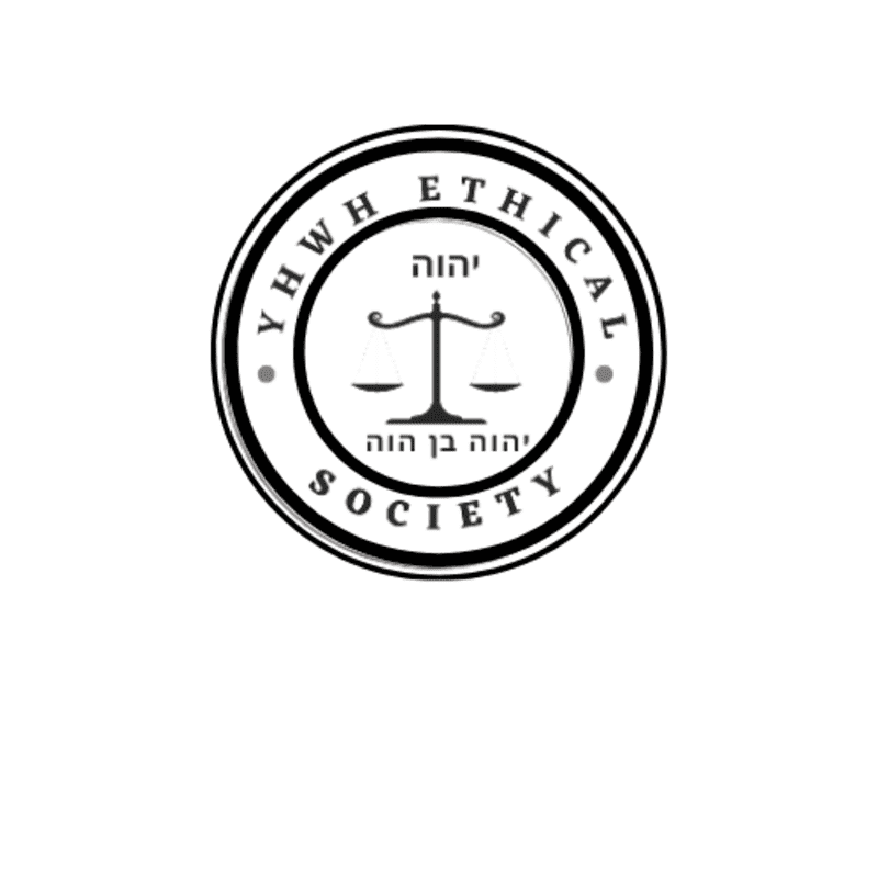 A black and white circular logo with scales of justice in the center, surrounded by Hebrew text and the words "YHWH ETHICAL SOCIETY" in English.