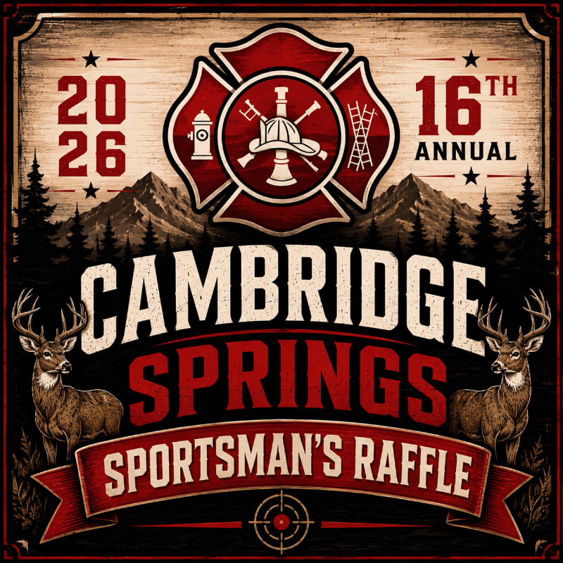 Two deer flank the "Cambridge Springs Sportsman's Raffle" text in the foreground, set against a background of mountains, pine trees, and a Maltese cross emblem.