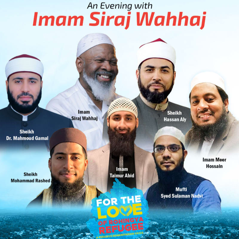 Six Muslim clerics are featured in the foreground against a background of a city skyline and text promoting an event for Rohingya refugees.