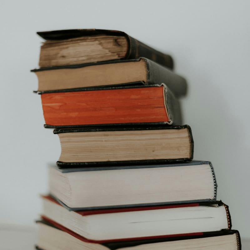 brown and red books on white surface