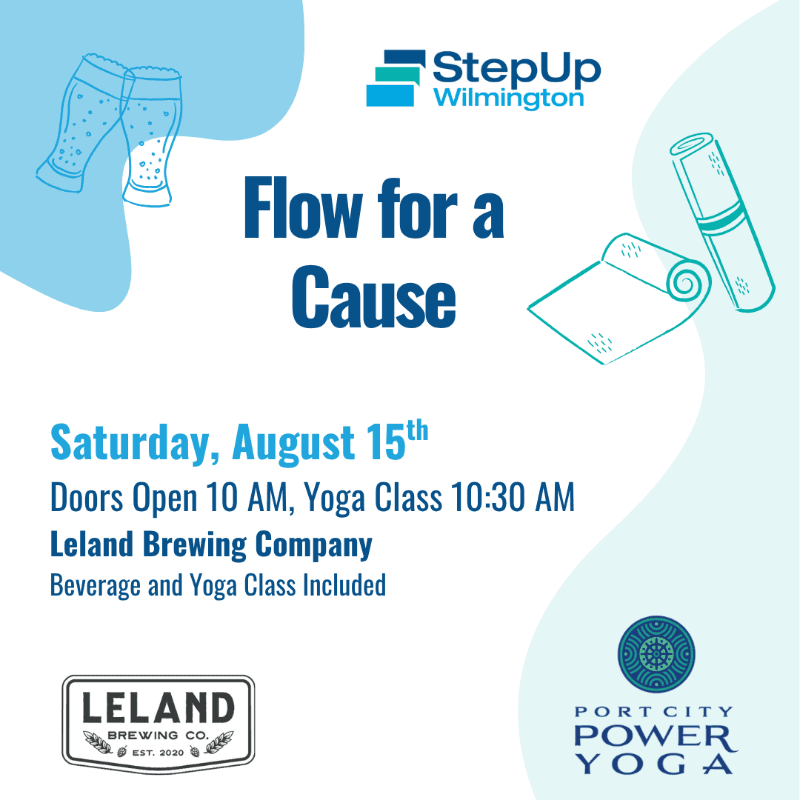 A yoga event flyer with beer glasses and a yoga mat in the foreground and a StepUp Wilmington logo in the background.