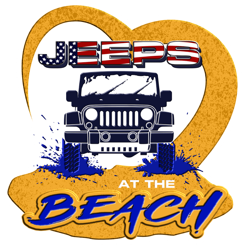 A navy blue Jeep splashes through blue water on a sandy beach, framed by a golden heart and the words "JEEPS AT THE BEACH" in patriotic lettering.
