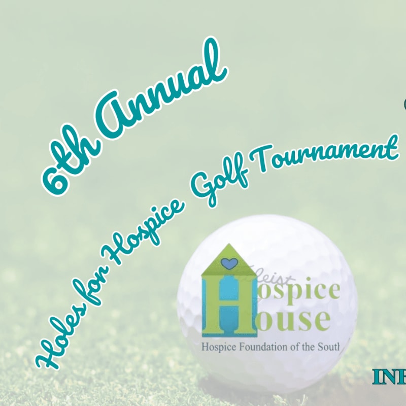 A golf ball with a hospice logo sits on grass in the foreground, with the text "6th Annual Holes for Hospice Golf Tournament" overlaid on a pale green background.