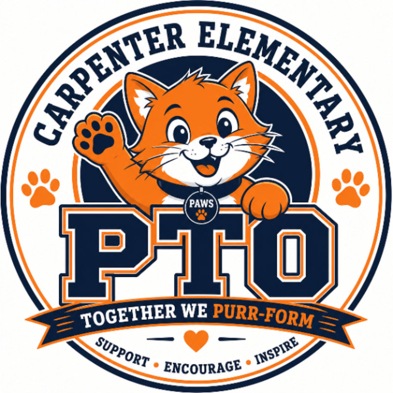 An orange cartoon cat with a paw raised waves from behind the letters "PTO" in the foreground, while the words "CARPENTER ELEMENTARY" and paw prints are visible in the circular background.
