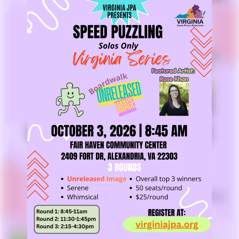 A flyer for a "Speed Puzzling Virginia Series" event on October 3, 2026, at Fair Haven Community Center in Alexandria, VA, features a cartoon puzzle piece character in the foreground and event details against a light purple background with abstract white swirls and red arrows.
