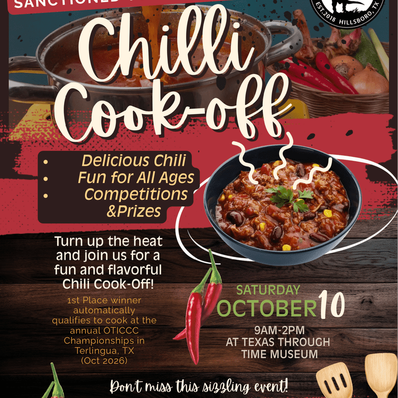 A vibrant poster advertises a "Chilli Cook-off" with a steaming bowl of chili in the foreground and a pot of chili and red peppers in the background.
