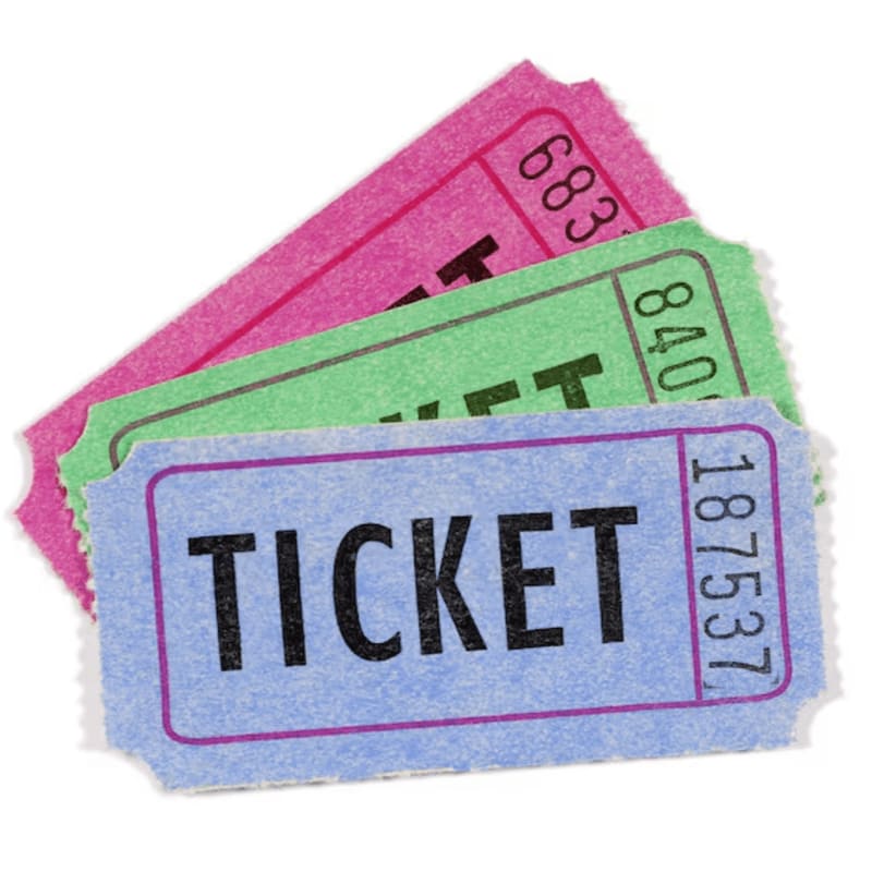 Three colorful tickets, blue, green, and pink, are fanned out against a white background.
