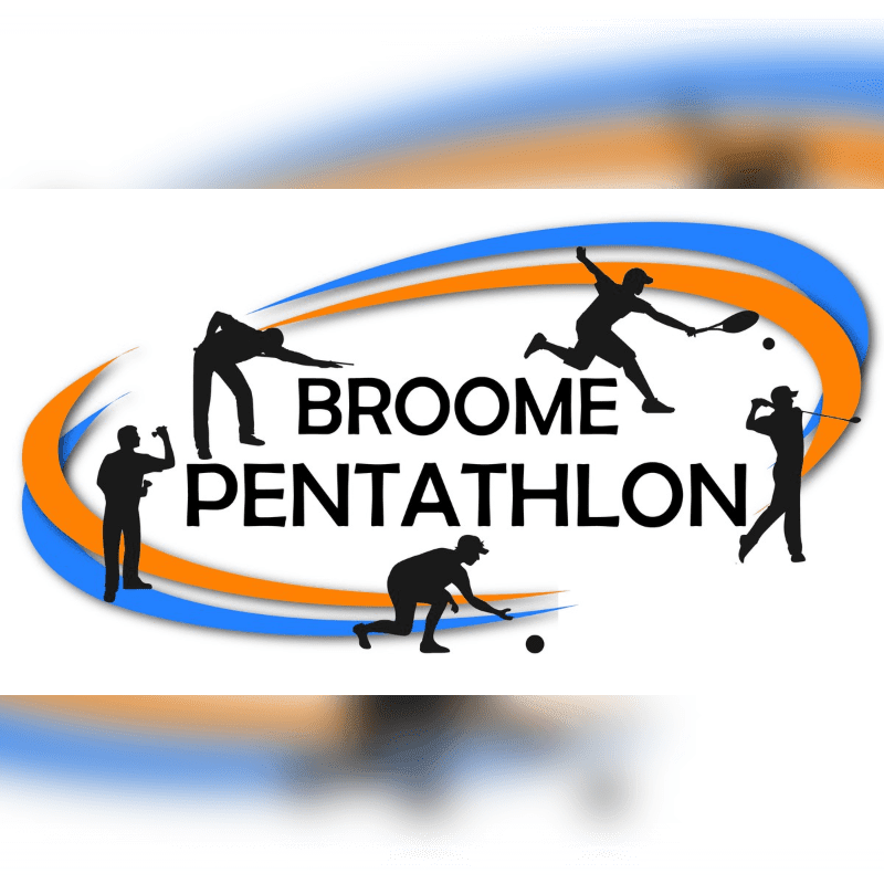 Silhouetted athletes engage in various sports within an oval logo, set against a blurred white and orange background.