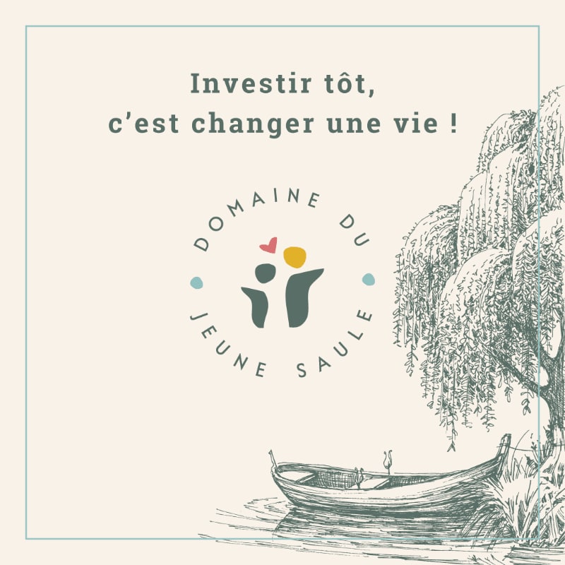 A logo with the text "DOMAINE DU JEUNE SAULE" and a tagline "Offrir un espace pour grandir, guérir et s'épanouir !" is superimposed over a rendering of a building with cars parked in front.