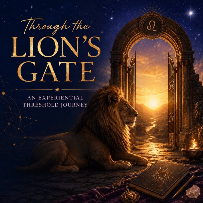 A majestic lion rests in the foreground before an ornate, open gateway bathed in the warm glow of a sunset, with a starry night sky above.